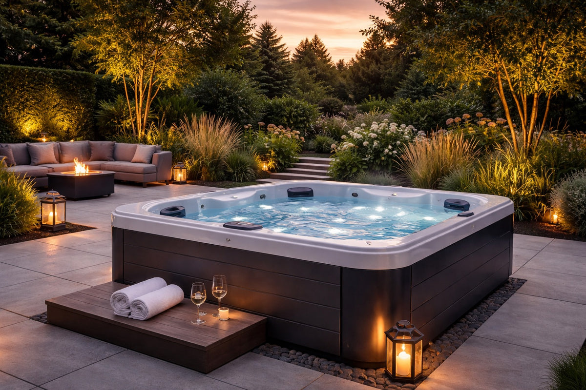 Hortus Collection hot tub and heat pump in a garden setting with evening lighting